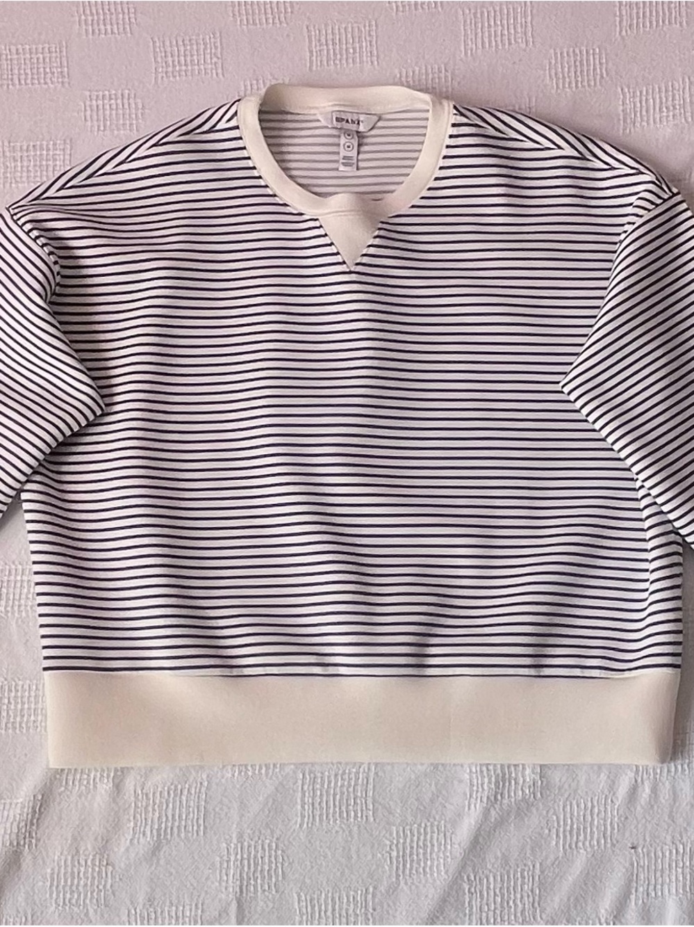 SPANX Cream and Navy Striped Crewneck Sweatshirt